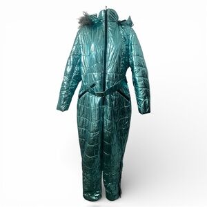 Women’s Metallic Blue Belted Waterproof Hooded Ski Snow Suit Size XL Retro